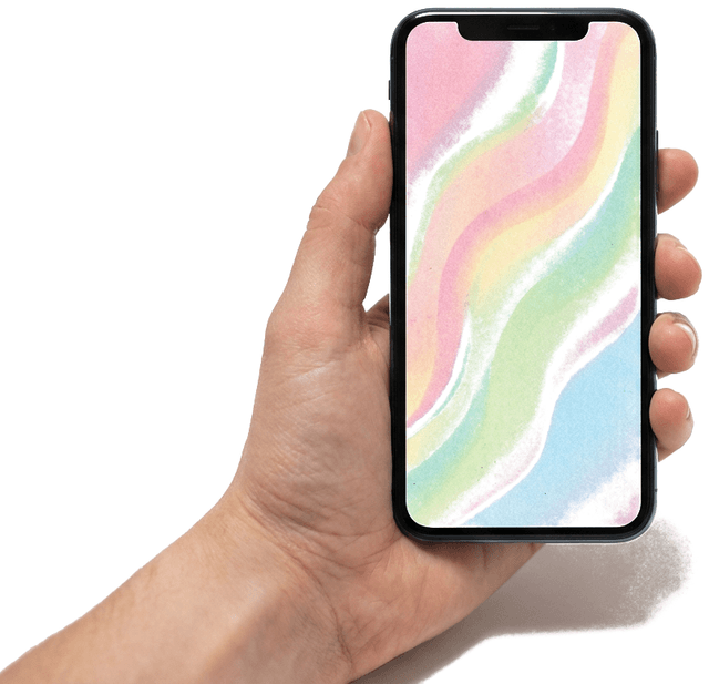 A hand holding a phone showing pastel gradient artwork